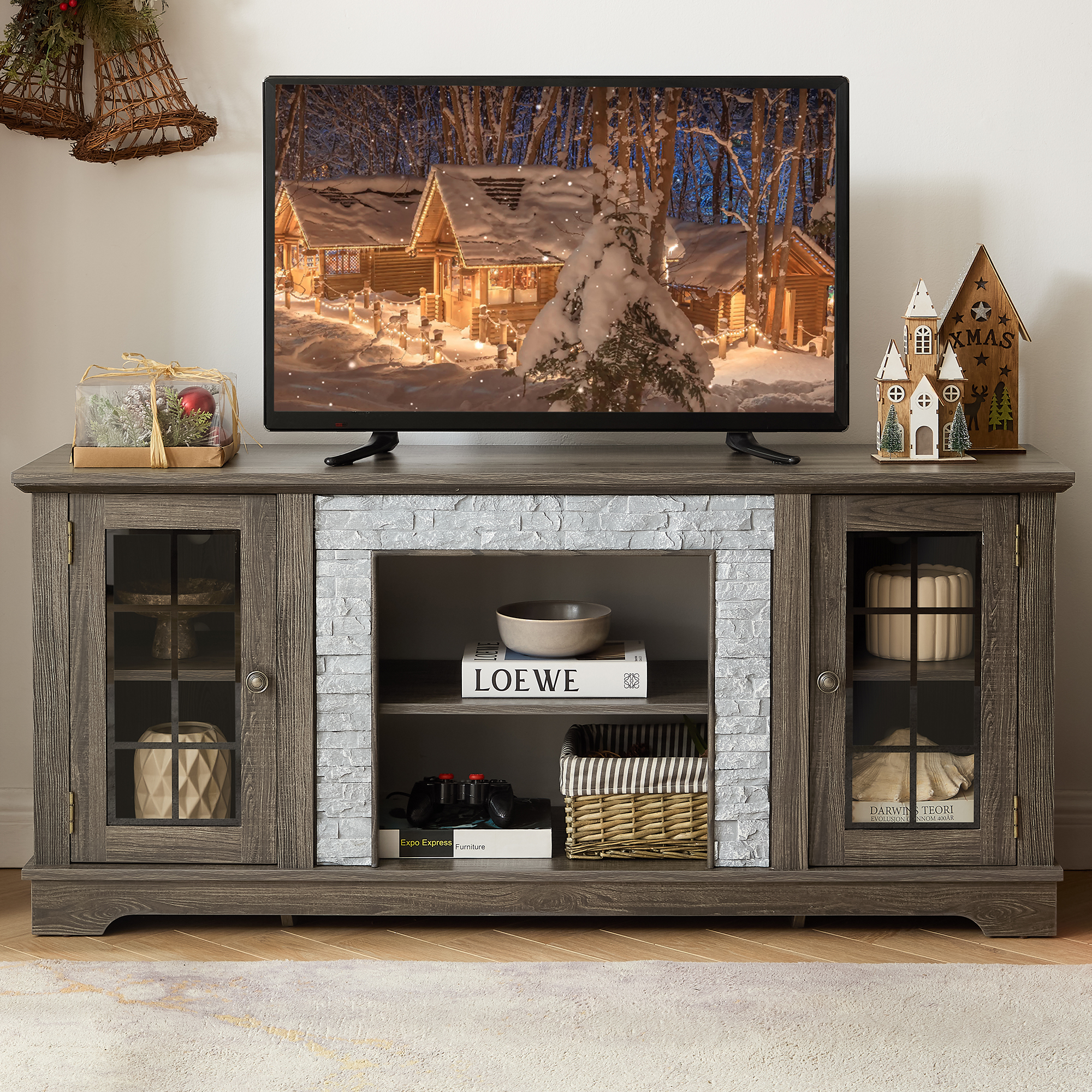 HIUU Farmhouse Gray TV Stands for Living Room,Faux Stone Media Console,Large Entertainment Center with Storage,Entertainment Stand,TV Consoles for Living Room