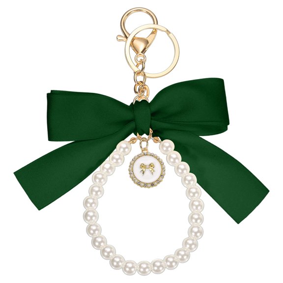 Ribbon Bow Keychain, Cute Pearl Wristlet Keychain, Bag Accessories Bow Charm, Green