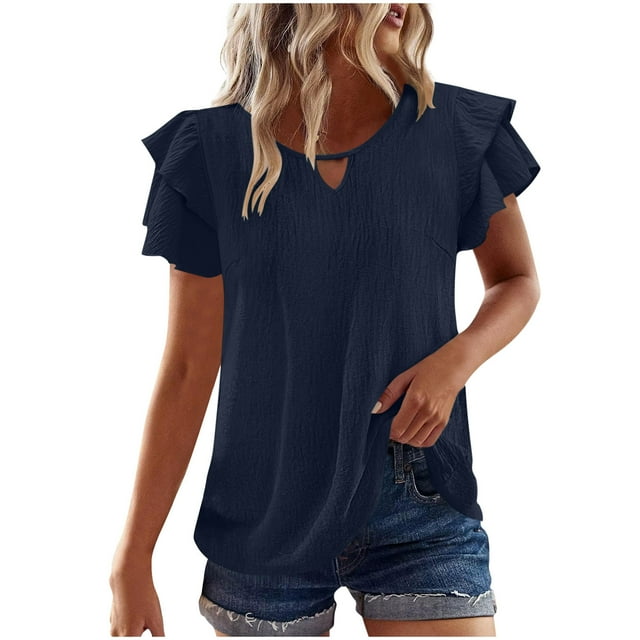 Admvng Hauts pour Femmes Printemps et Été Col Rond Manches à Volants Plissées Mi-Hautes S-2TG