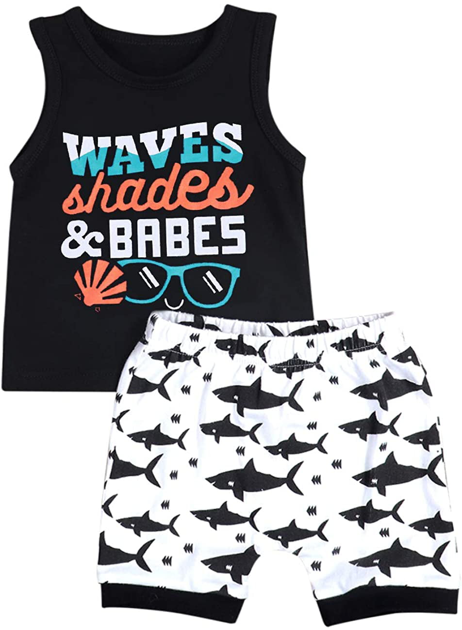 Baby Boy Clothes Waves Shades and Babes Print Summer Black Sleeveless Tops and Wave Short Pants Outfits