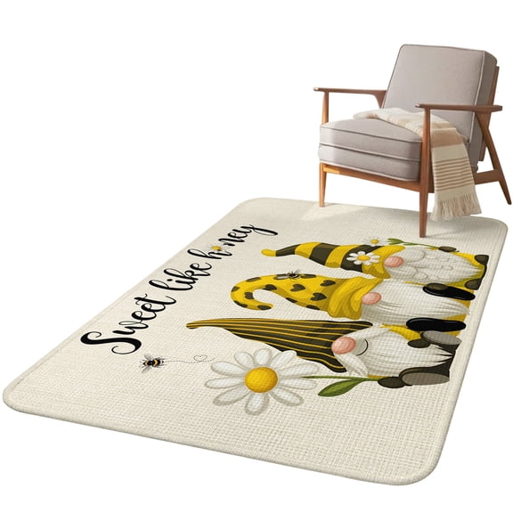 5.25'x6.56' Area Rug for Living Room, Summer Gnomes Non Slip Soft Rugs for Bedroom Dining Room, Washable Low Pile Rugs Kitchen Nursery Floor Mat Throw Carpet Farmhouse Daisy Flower Bees on Linen