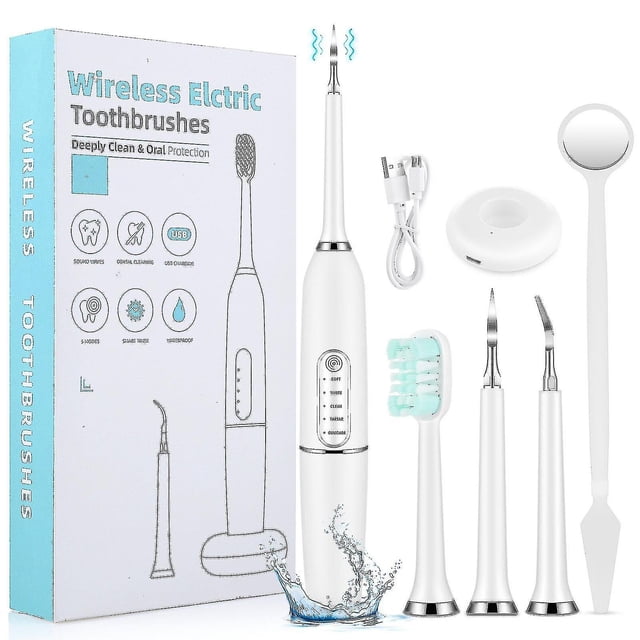Teeth Cleaning Kit Professional Ultrasonic Tartar Remover Usb Rechargeable 2 Heads And 5 Modes