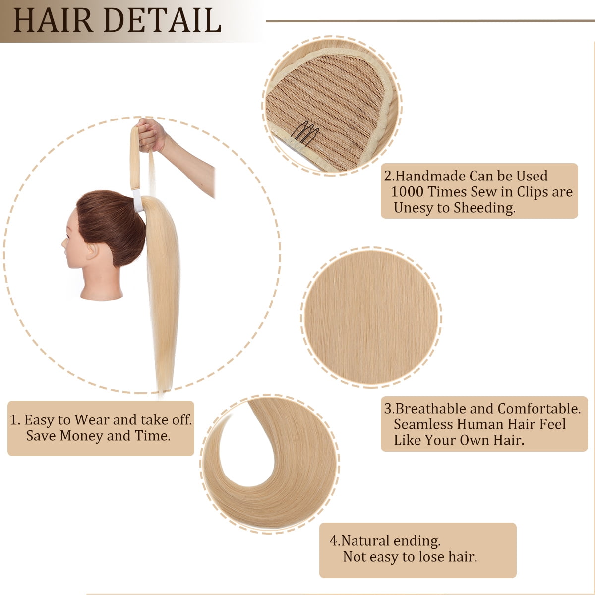 SEGO Clip in Hair Extensions 100% Remy Human Hair Wrap Around Ponytail Extension Thick Long Straight Black Hairpiece with Comb Magic Paste Pony Tail