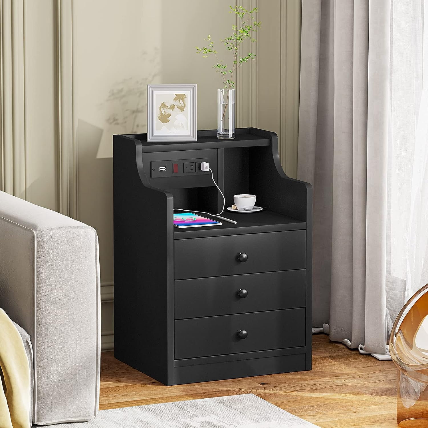 Black Nightstand with 3 Drawers & Hutch,Nightstand with Charging Station,USB Ports and Outlet,End Side Table Bedside Table