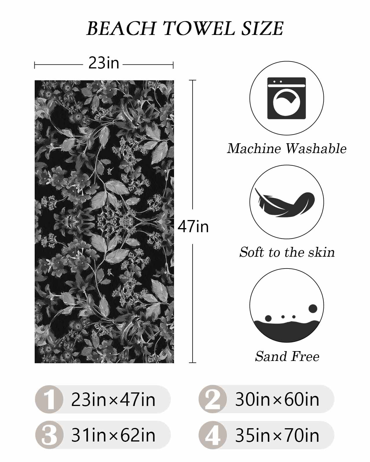 Black and White Floral Beach Towels Oversized Super Absorbent, Modern Oil Painting Abstract Art Lightweight Bath Towel Quick Dry Sets For Bathroom/Pool/Rv Camping/Beach Play/Gym Room/Picnic 35"x70"