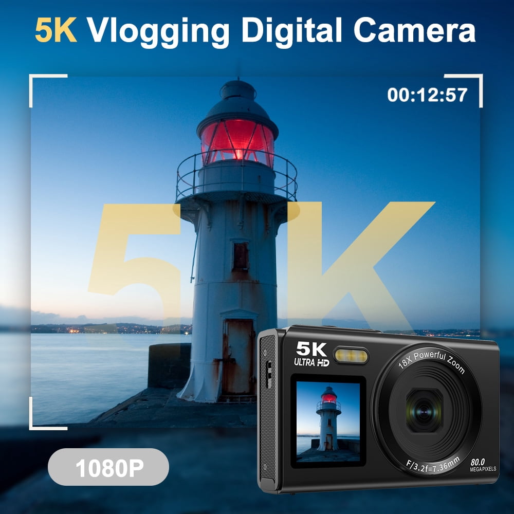 Digital Camera 5K 80MP 18X Zoom with Dual Screen Vlogging Camera, Autofocus WiFi Compact Camcorder Face Detection Beauty Mode for YouTube TikTok Content Creator 64GB Card & 2 Batteries Black