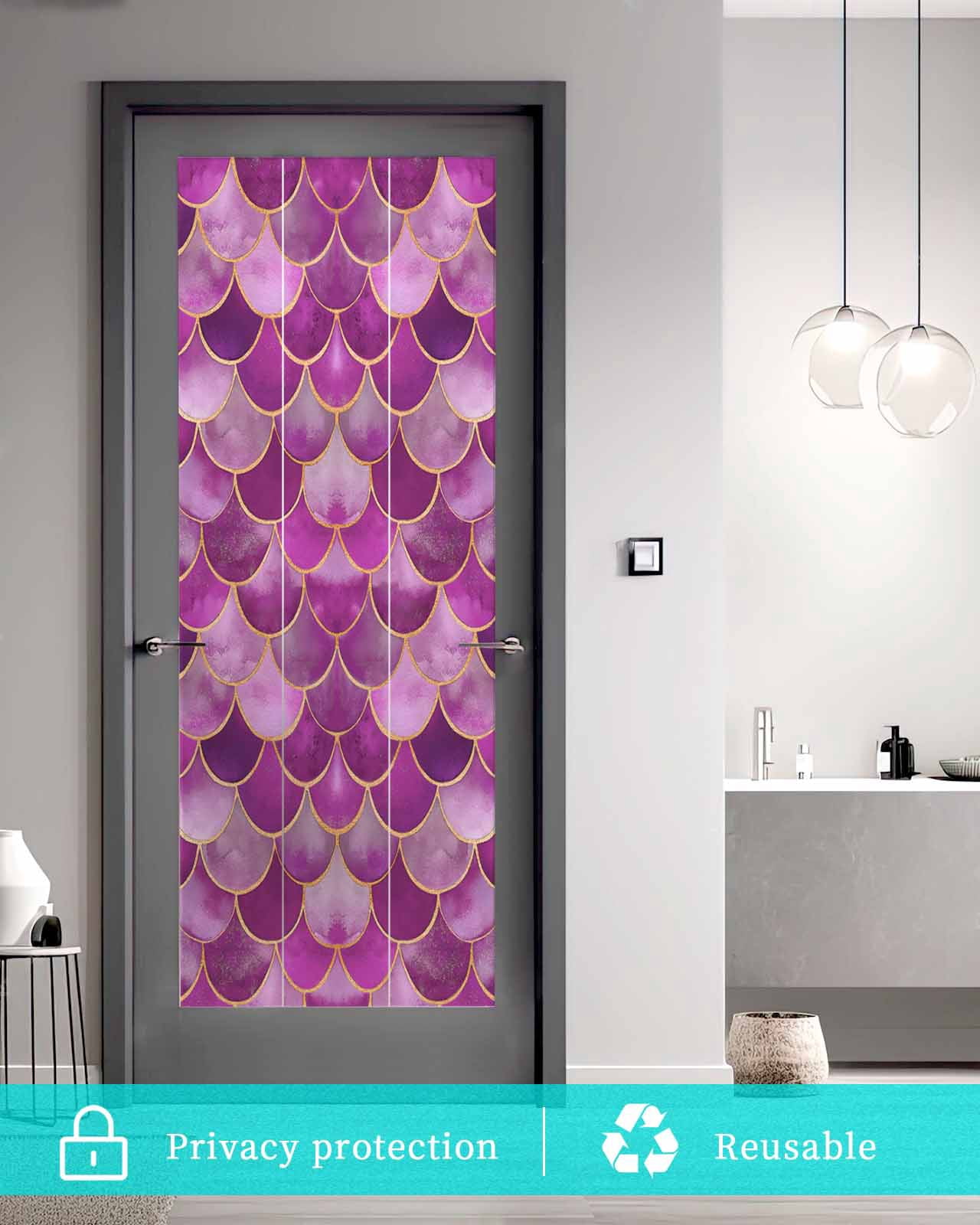 Window Privacy Film Purple Ombre Scale Stained Glass Window Film Decorative Sun Block Window Cover Abstract Art Ocean Coastal Window Clings Static Adhesive Sticker for Bathroom 29.5"x78.7"