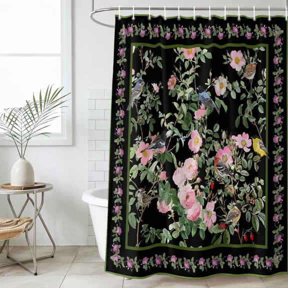 Black Spring Floral Shower Curtain Set, Waterproof Shower Curtains for Bathroom, Elegant Pastoral Flowers Birds Watercolor Washable Fabric Bath Curtain for Bathtub Decoration with Hooks 48x72 Inches