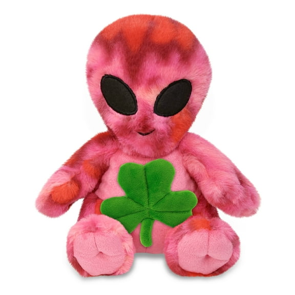 DolliBu Pink Tie-Dye Alien Stuffed Doll with Green Plush Shamrock, Cute Green Shamrock Plush, Fun St Patricks Day Stuffed Toy Alien, Good Luck St Patricks Day Toys for Kids, Baby - 11 Inches