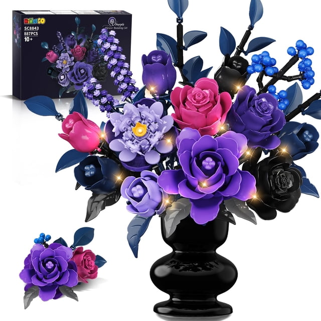 Set de construcción con forma de ramo de flores HiWeeGo con luz LED, 887 unidades