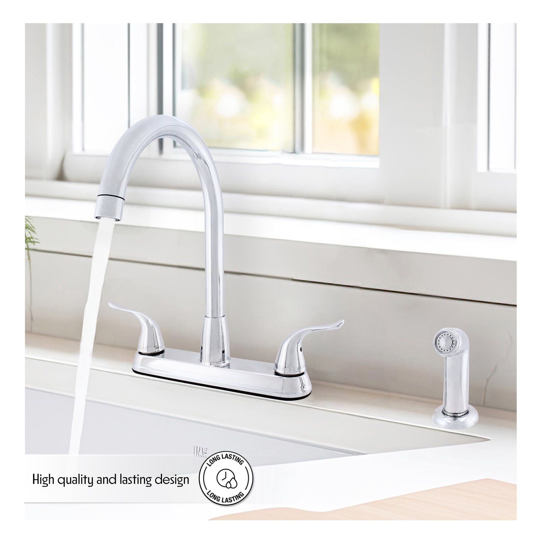 23157043 -Hybrid Metal Deck Kitchen Sink Faucet High Spout Washerless Cart.Double Handle with Side Spray