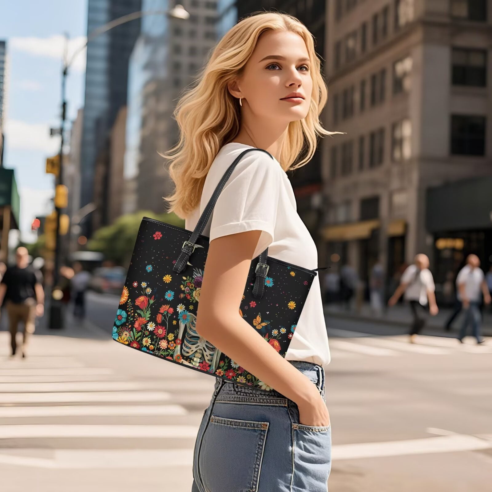 TSOVTHRID Sugar Skull Floral Print Purses for Women Waterproof Handbag with Matching Wallet Set Leather Shoulder Bag Tote Satchel with Purse for Ladies Shopping