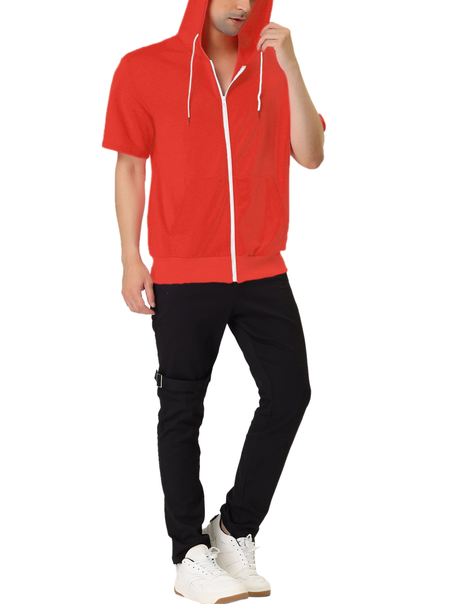 Unique Bargains Men's Short Sleeve Solid Color Zip Up Sport Hoodies L Bright Orange