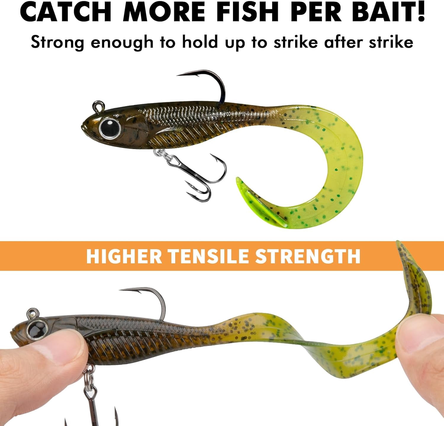 TRUSCEND Duramax Soft Fishing Lures with BKK Hooks, Easy Catch Curly & T-Tail for Trembly Sinking & Vibrating Swim, UV or Glow Effect for All Conditions, Pre-rigged Swimbait for Bass Trout Crappie