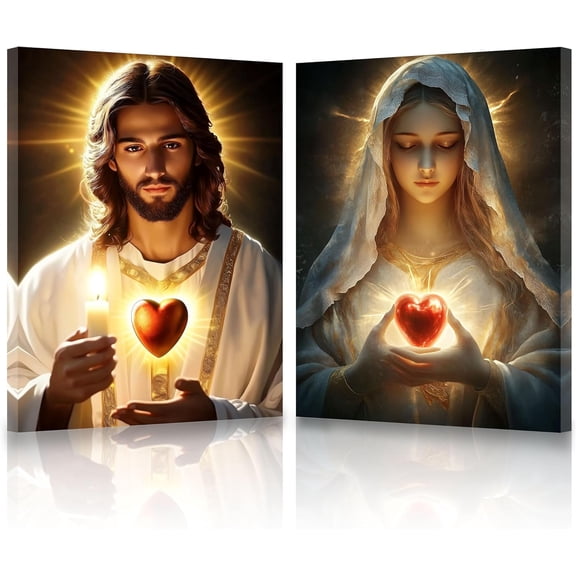 ZHONGYUTONG Sacred Heart of Jesus and Mary Wall Art 2 Piece God and Virgin Mary Pictures Catholic Artwork Christianity Painting for Church Decor Framed (11.00" x 14.00" x 2PCS)