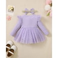 thumbnail image 3 of Kucnuzki Newborn Baby Girls Dress Fall Winter Romper Dress Ruffle Long Sleeves One-piece Dress Solid Color Bow Knit Overalls Tulle Dress with Headband Purple NB, 3 of 7