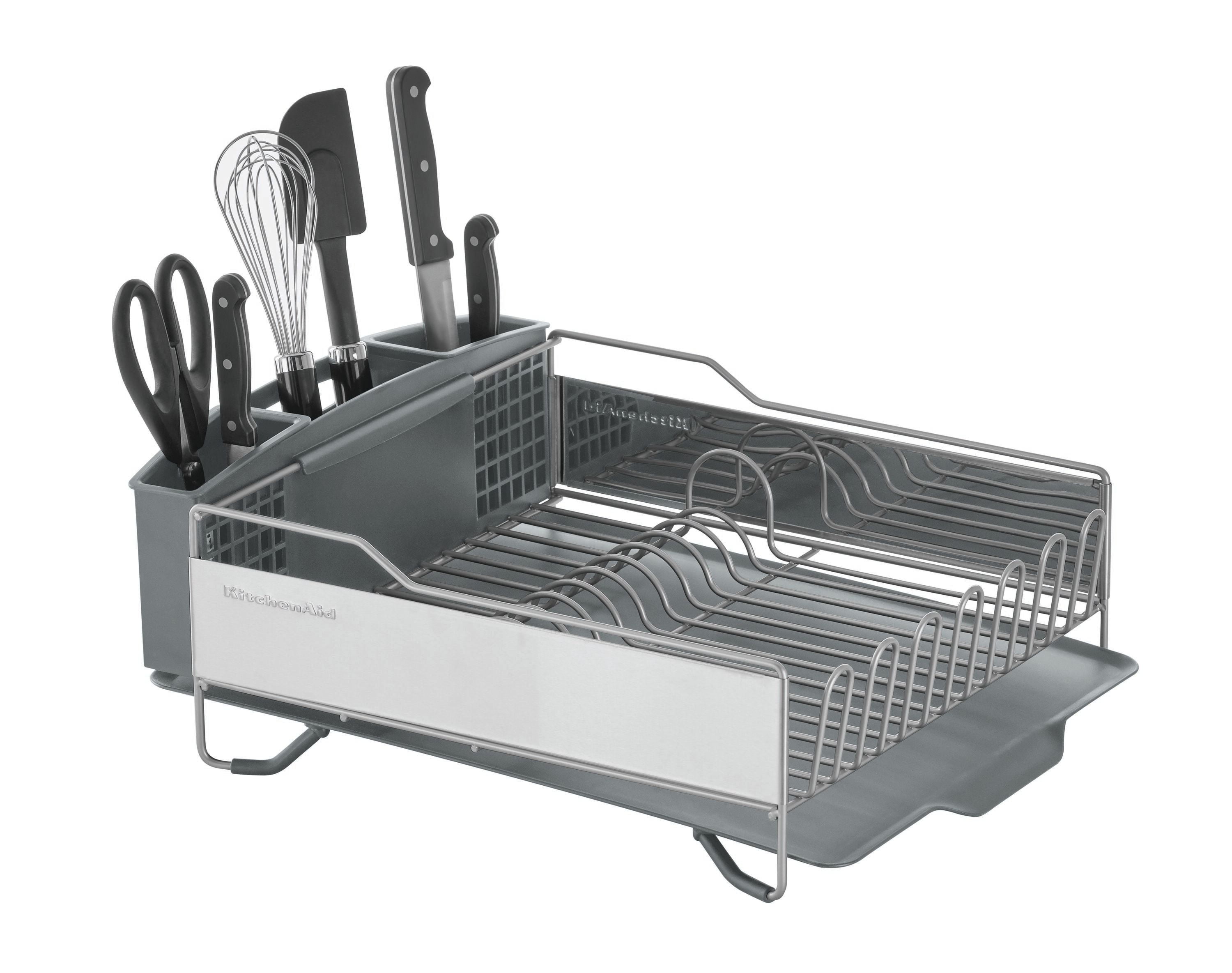 KitchenAid Compact to Full Size Expandable, Rust Resistant Satin Coated  Dish Rack with Angled Self Draining Drain Board and Removable Flatware  Caddy