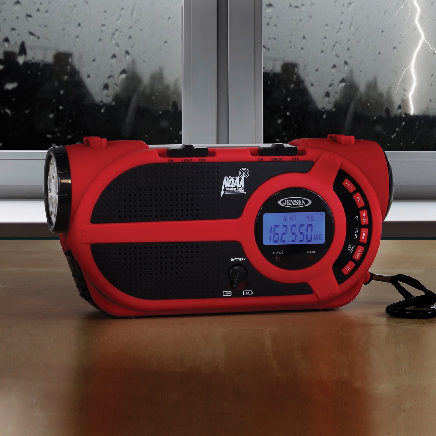JENSEN JEP-650 Portable Digital AM/FM Weather Radio with Weather Alert, Flashlight, and 4-Way Charging, Red, JEP-650