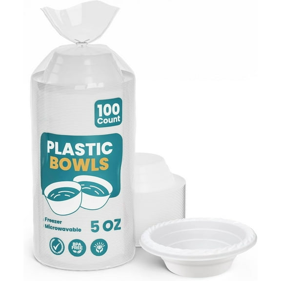 Plastic Bowls - 100 Count Microwavable Disposable Bowls - Strong Heavy Duty And Sturdy White Plastic Bowls Disposable (5 OZ, 100)