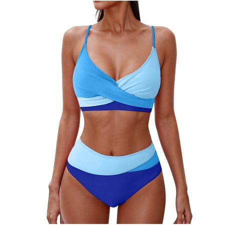 POROPL Swimsuits for Women 2025 Fashion Bikini Halter Top Bandeau Swim Color Block Swim Blue
