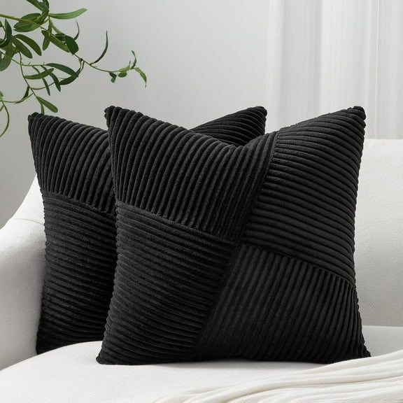 Pack of 2 Corduroy Pillow Covers,Soft Soild Cushion Cases Decorative Square Throw Pillow Covers Black Pillowcases for Sofa Bedroom Car 18 x 18 Inch