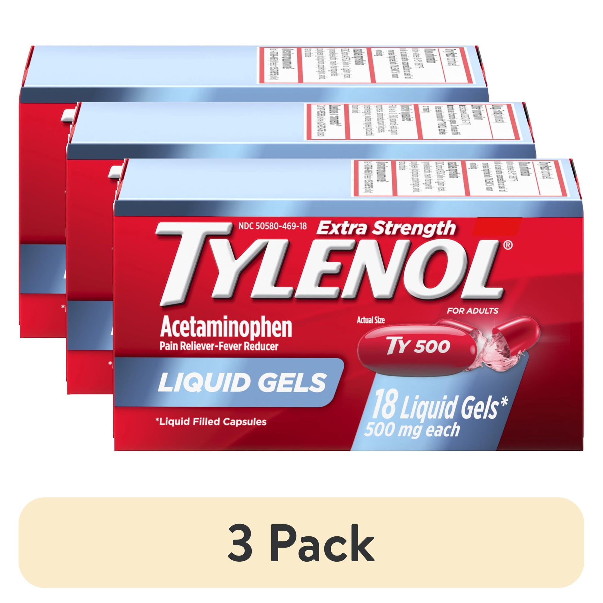 (3 pack) Tylenol Extra Strength Acetaminophen Liquid Gels, Fast, Strong Relief, Gentle on Stomach, 18 Count