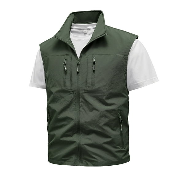 HOOMEUMY Mens Cargo Vest Sleeveless Clothes Fashion 2025 Trendy Classic Solid Coat Standing Collar Jacket Pocket Design Casual Workout Green XXXXL