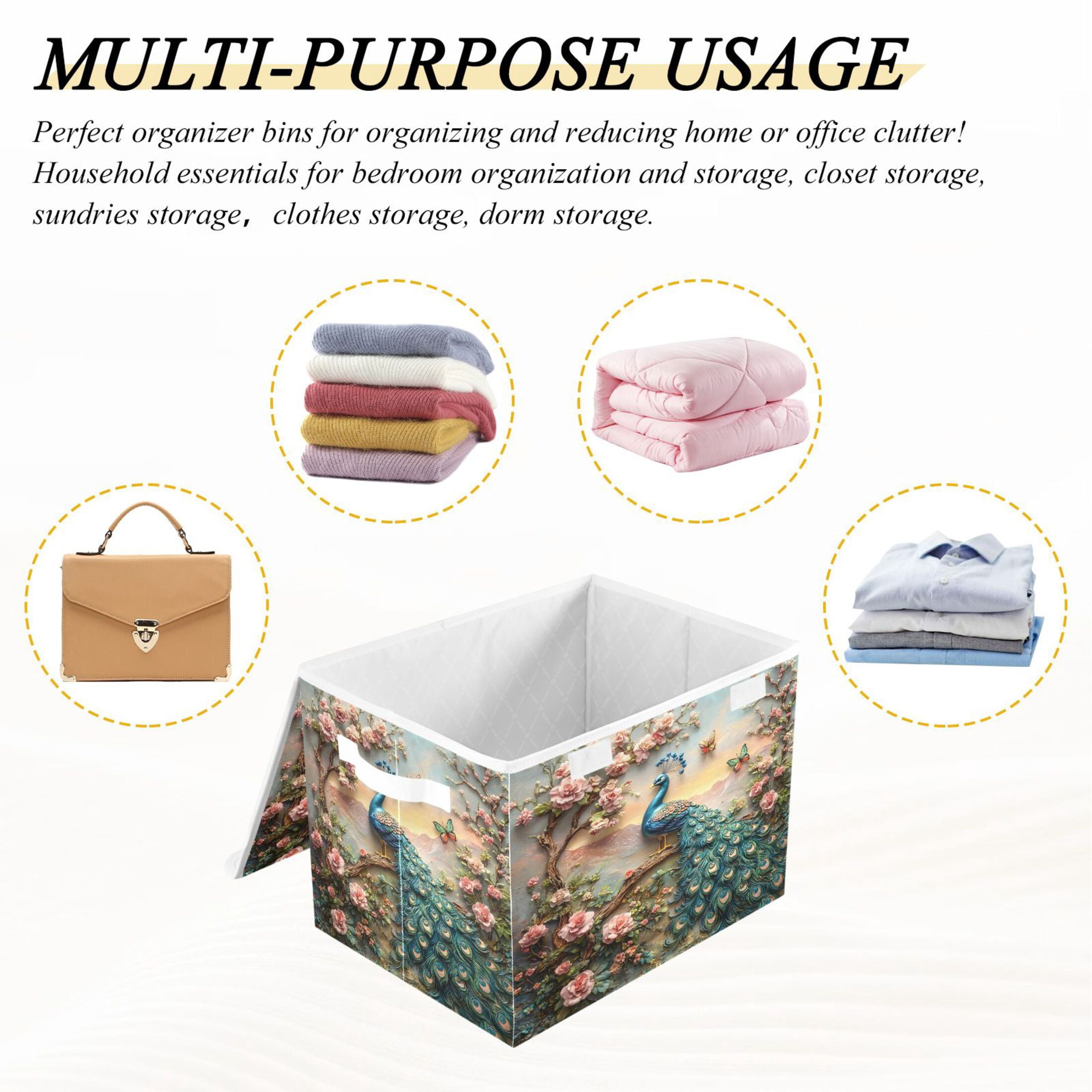 Ryvnso Peacock Butterfly Floral Large Lidded Foldable Storage Baskets Cubes Boxes Lids Bin for Home