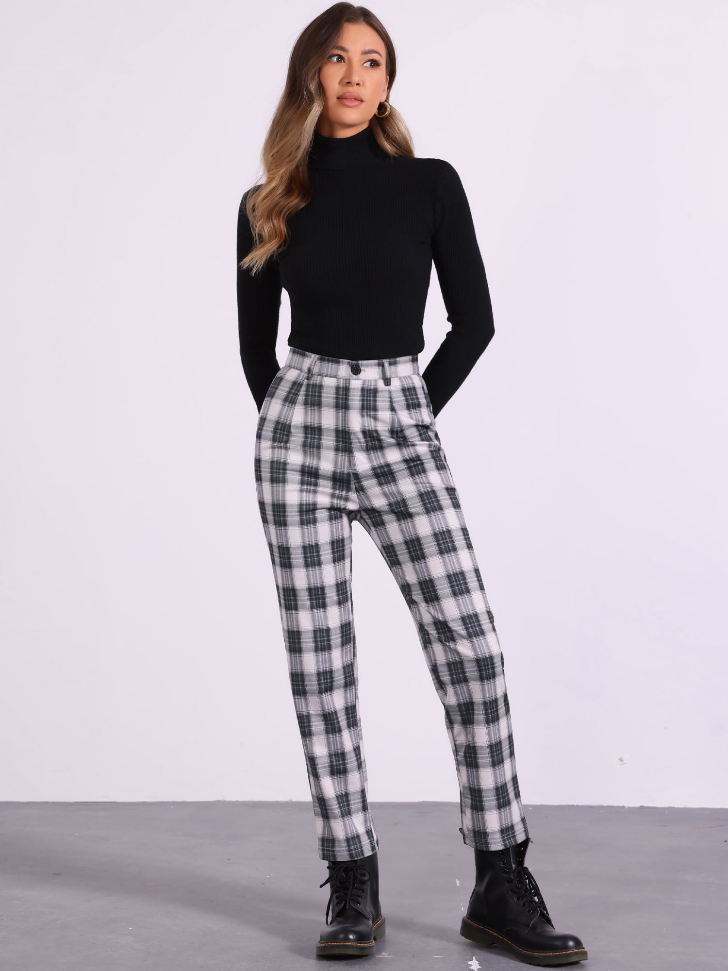 DARING DIVA Women's Plaid Trousers Button Tartan Check Work Pants M Black Beige