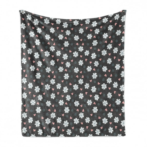 Daisy Soft Flannel Fleece Throw Blanket, Chamomile Blooms with Little Pink Hearts and Dots Romantic Doodle, Cozy Plush for Indoor and Outdoor Use, 70" x 90", Charcoal Grey Baby Blue, by Ambesonne