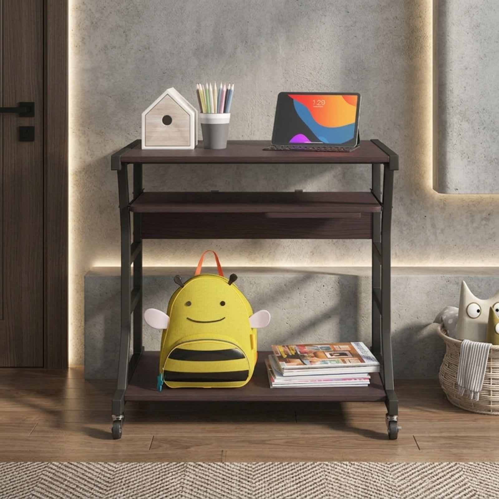 Furnibear Mobile Computer Desk with Keyboard Tray and Rotatable Mouse Tray, Small Rolling Desk with Storage Shelf and Locking Casters, Dark Brown