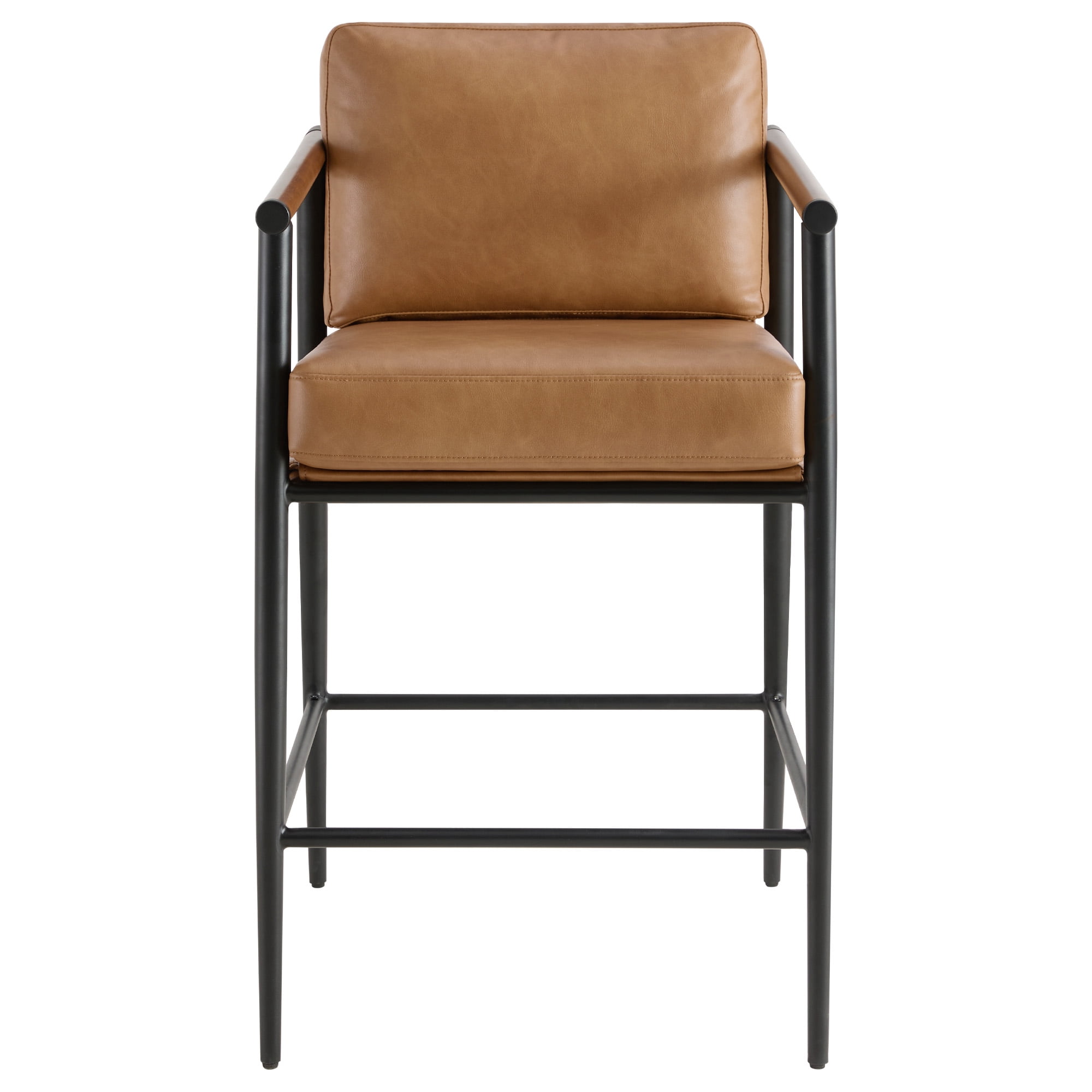 Spruce & Spring Mid-Century Modern Counter Stool Set with Wood Armrests and Cushioned Sling Seat Set of 2, Cognac Faux Leather