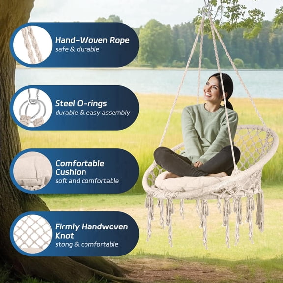 Oval Macrame Hammock Chair with Tassels, 330 LBS Comfortable Cushioned Hanging Swing Chair, Handmade Cotton Rope for Porch Balcony Backyard Patio, Boho Beige Heavy Duty