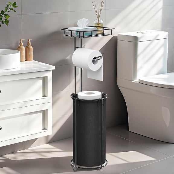 Free Standing Toilet Paper Holder, Toilet Paper Holder with Shelf, Bathroom Tissue Roll Storage Rack with Storage Bag for 3 Rolls of Tissue, Black