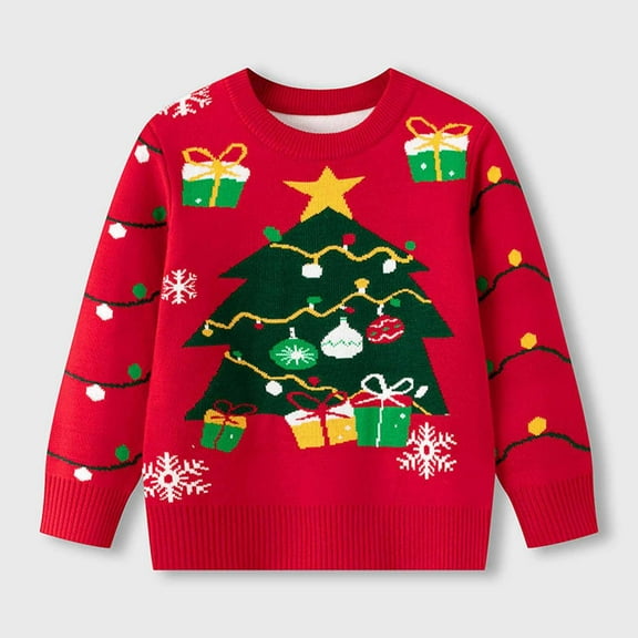 Bnwani Christmas Toddler Sweaters Girls Crew Neck Long Sleeve Suitable Casual Printed Sweater Red