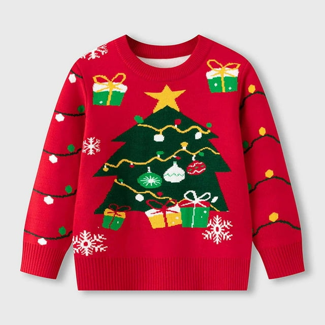 Sentmoon Girls Sweaters Long Sleeve Crew Neck Christmas tree Girls Pullover Stretchy and Flexible Loose 2025 Girls Clothing Fall and Winter Stylish for Snow Day Adventures Red 5 Years