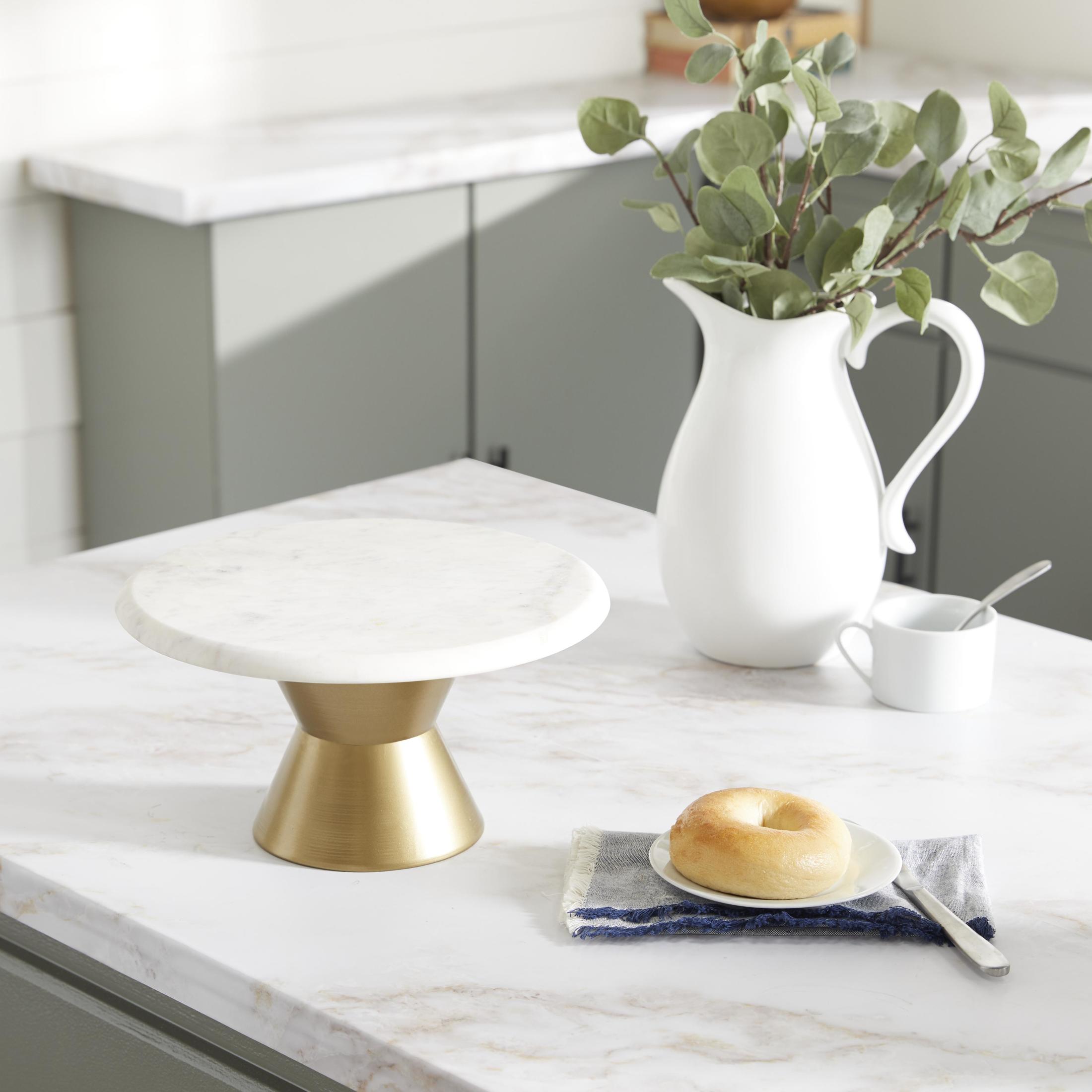 DecMode 12" x 7" White Marble Decorative Stand with Gold Base, 1-Piece