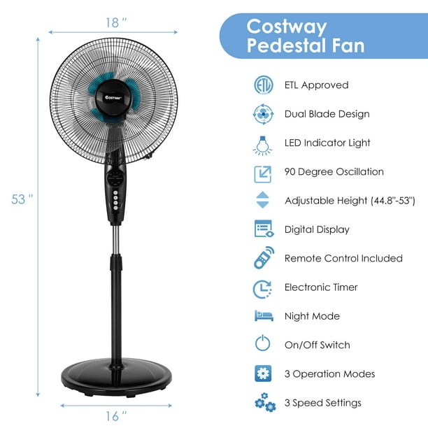 Costway 16 Adjustable Oscillating Pedestal Fan Dual Blades w