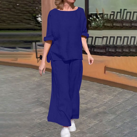 LEKWK Linen Sets for Women 2 Piece Plus Size Long Sleeve Crewneck Loose Fit Tops and Wide Leg Palazzo Pants Summer Casual Beach Vacation Outfits
