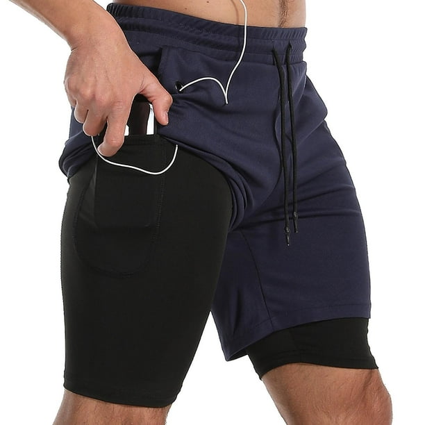 Men s 2 in 1 Sports Quick Dry Workout Running Shorts Lightweight Athletic Gym Shorts with Compression Liner Navy Blue