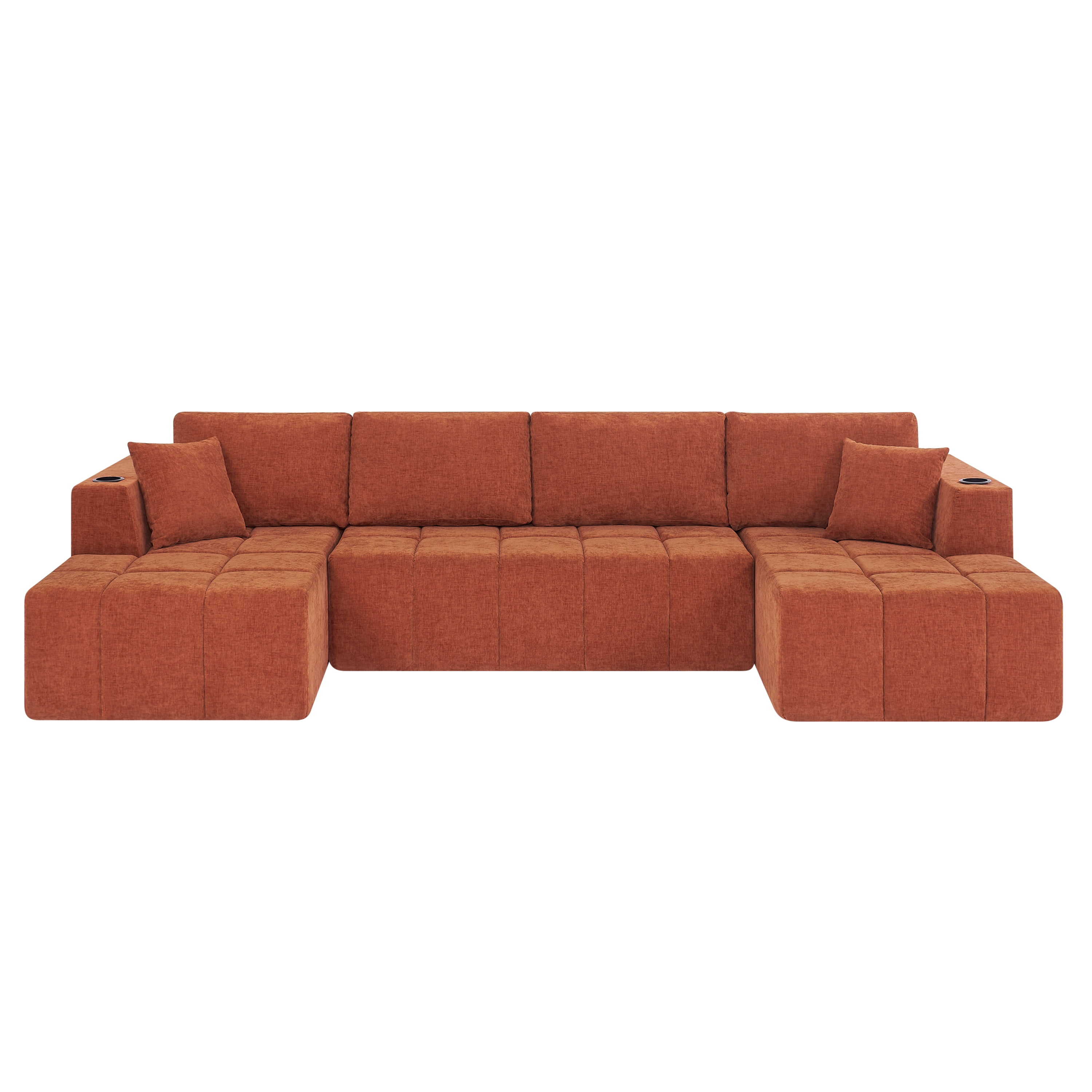 Howcool 132" U-Shaped Modular Cloud Couch, Oversized Deep Seat Chenille Sectional Sofa with Double Chaise, Boneless Comfy Couch with Cup Holders & Side Pockets, No Assembly Required,Orange