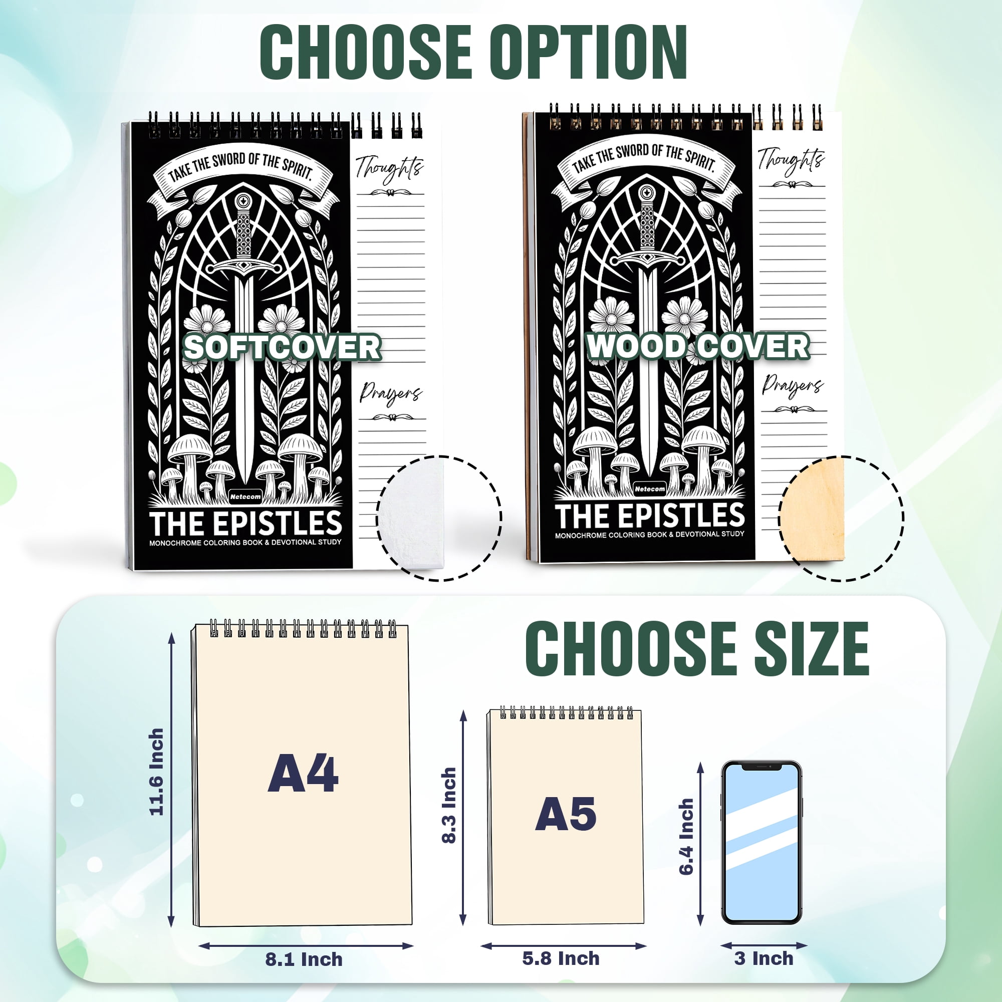 The Epistles Monochrome Coloring Book for Adults, 30 Minimalist Scripture Art Pages with Reflection & Prayer Space, Spiral Bound, A4 or A5 Softcover or Wood Cover