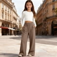 thumbnail image 4 of Bysome Pants For Girls Solid Color Elastic Waist With Drawstring and Pockets Loose Fit Trousers Smooth Girls Pants Size 7-8 Years Coffee, 4 of 7