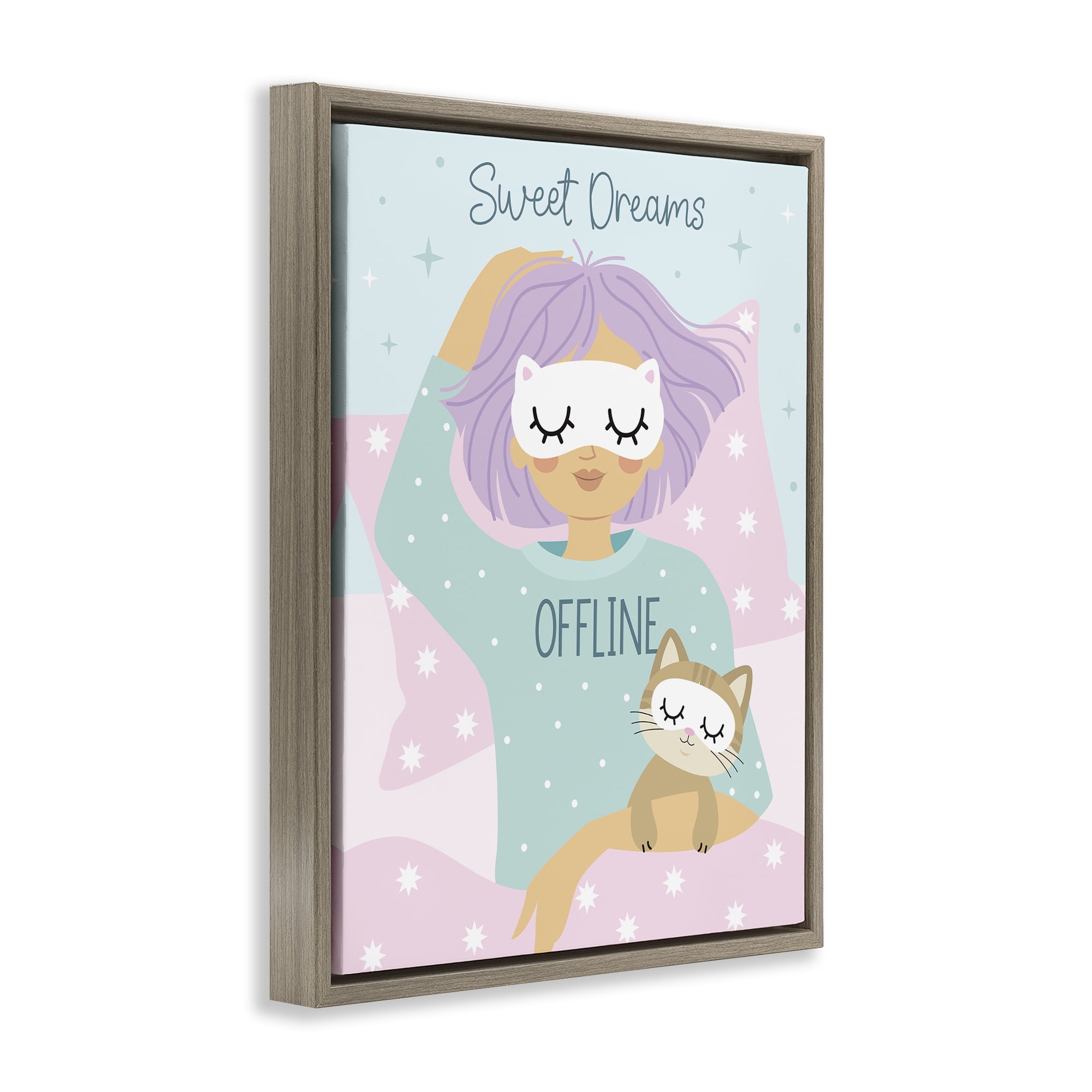 Stupell Industries Sweet Dreams Girl & Cat People Painting Brown Floater Framed Canvas Art Print Wall Art, 25 x 31