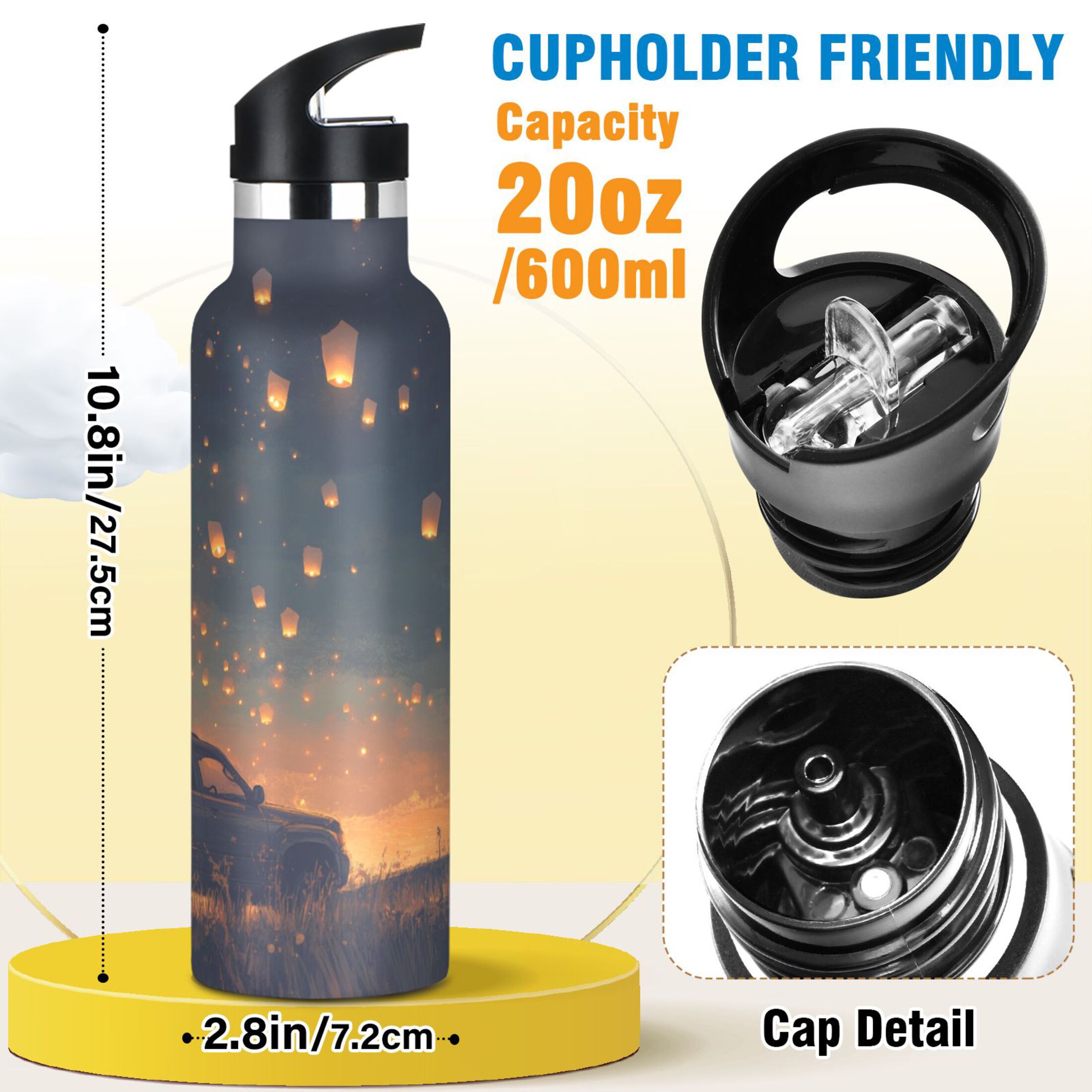 Kids Insulated Stainless Steel Sports Water Bottle 600ml (20oz) Glowing Lanterns