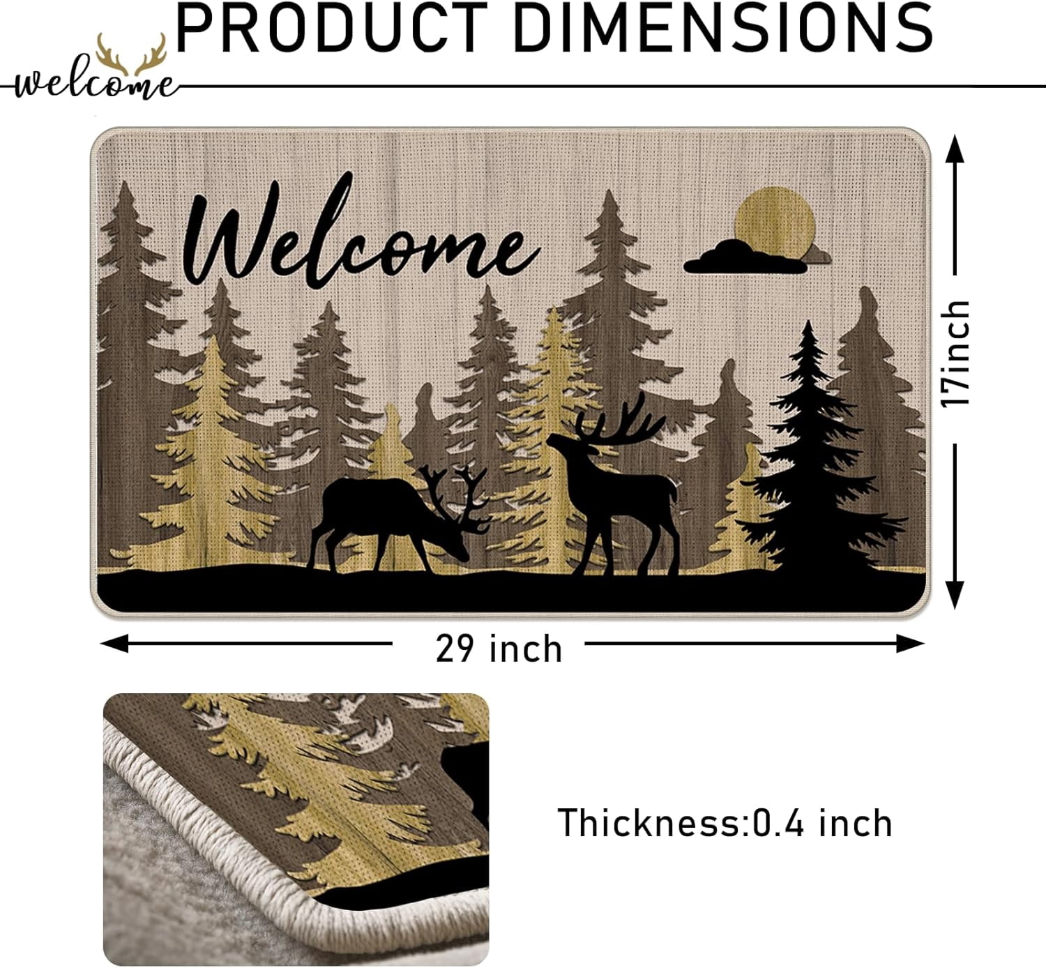 Welcome Woodland Deer Decorative Front Door Mat, Brown Forest Wild Animals Adventure Doormat Indoor Outdoor Non-Slip Floor Entryway Rug, Farmhouse Rustic Home Kitchen Decoration 17x30 Inch