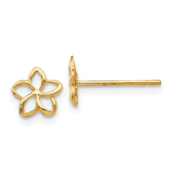 Real 14kt Yellow Gold Plumeria Post Earrings; for Adults and Teens; for Women and Men