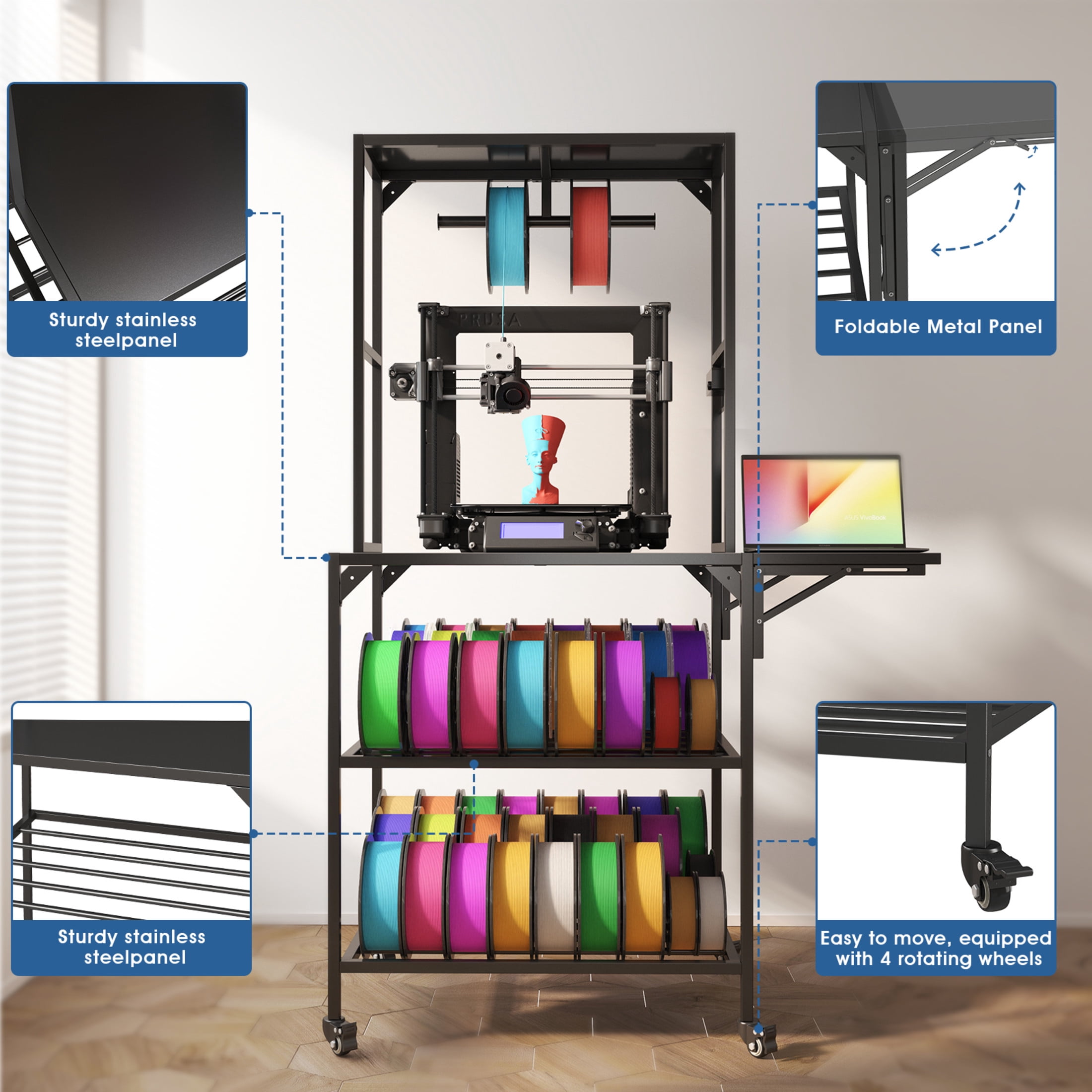 Noble House 3D Printer Table Stand with Filament Storage Rack, Metal Workstation with T-Spool Holder & Wheels, Black