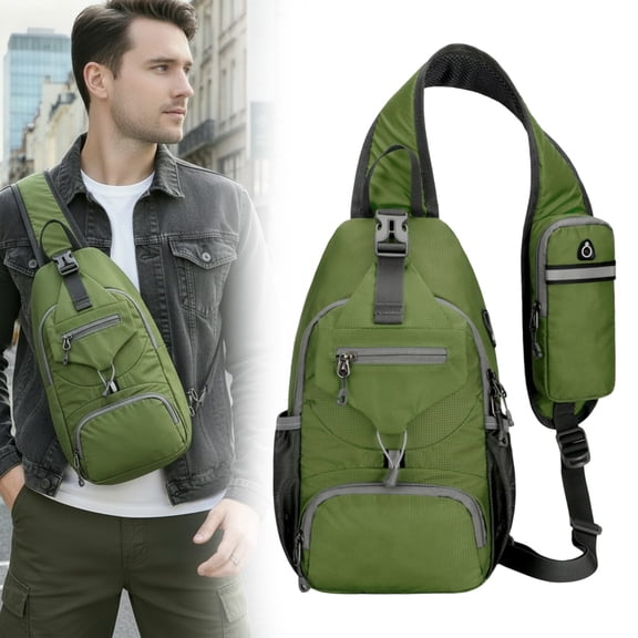 Lightweight Sling Backpack 17in Green, RFID Blocking Crossbody Bag for Hiking Travel, Water Resistant Chest Pack with Adjustable Strap, Multi-Pocket Shoulder Bag for Daily Outdoor Use