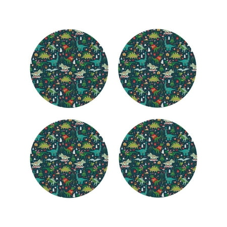 

Honeii Christmas Dinosaur colorful Print Leather Coaster Set of 4 Ideal for Safeguarding Your Furniture from Drinks Spills and Effortless Cleanup-Round Shape